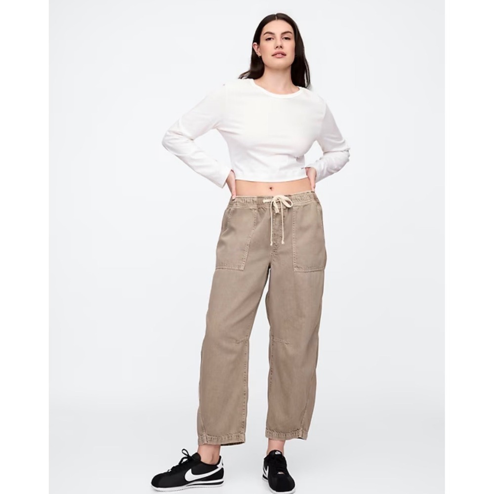 GAP Denim Pull-On Barrel Jeans Tan Khaki High Rise Curved Leg Womens L Long